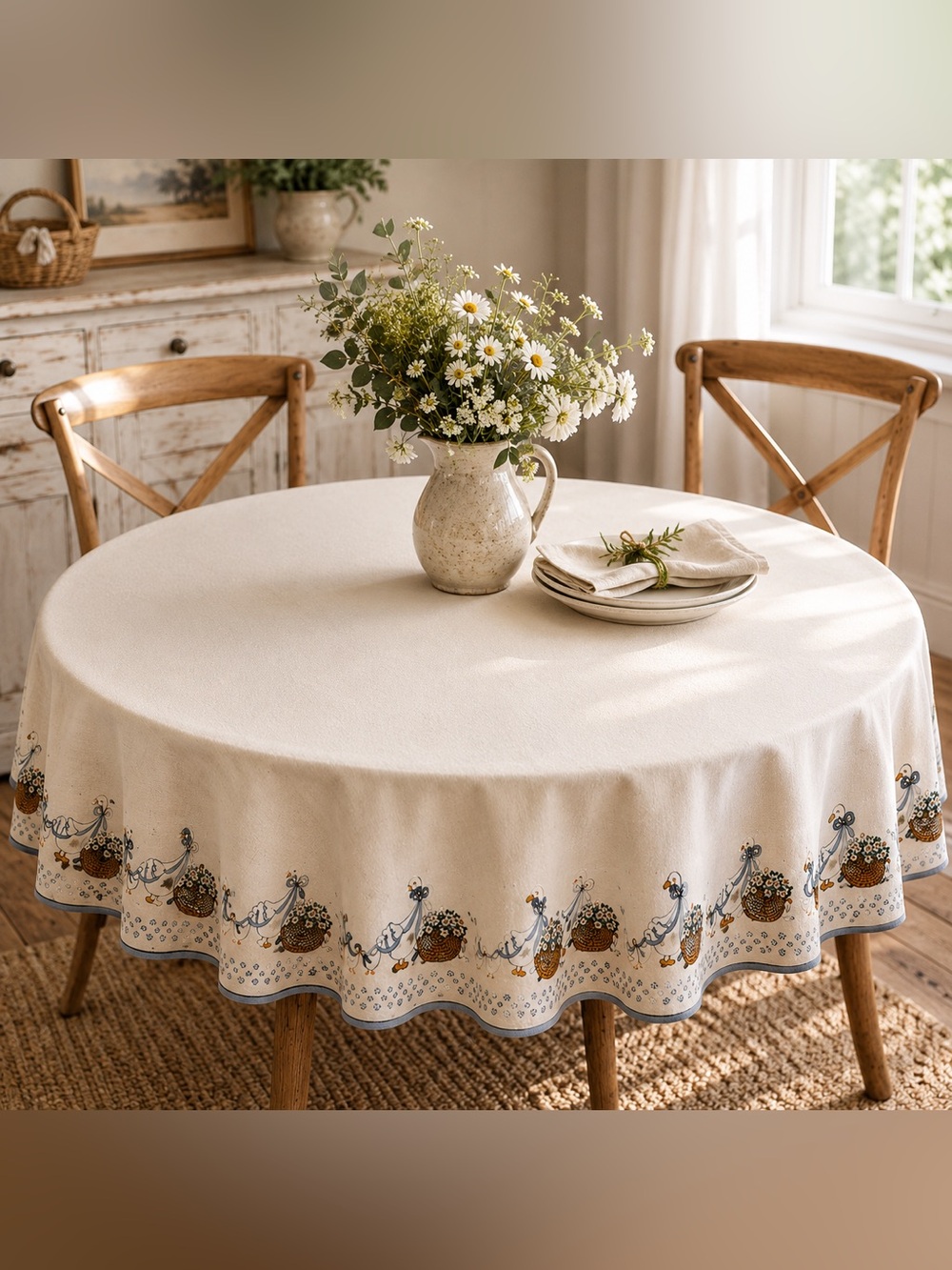 Vintage Round Goose Tablecloth Cottagecore Farmhouse 68-70"